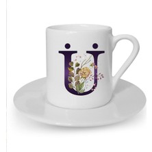 Kahverengi Gül Ü Harfi Baskılı Beyaz Türk Kahvesi Fincanı