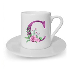 Mor Renkli C Harfi Baskılı Beyaz Türk Kahvesi Fincanı