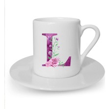 Mor Renkli L Harfi Baskılı Beyaz Türk Kahvesi Fincanı