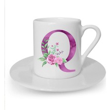 Mor Renkli Q Harfi Baskılı Beyaz Türk Kahvesi Fincanı