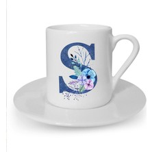 Mavi Renkli S Harfi Baskılı Beyaz Türk Kahvesi Fincanı