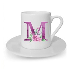 Mor Renkli M Harfi Baskılı Beyaz Türk Kahvesi Fincanı