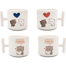 Duble Türk Kahve Fincanı & Espresso Mochi Cat 4'lü Beyaz T Kupa Seti 4 Parça