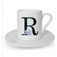 Mavi Çiçekli R Harfi Baskılı Beyaz Türk Kahvesi Fincanı