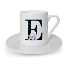 Mavi Çiçekli E Harfi Baskılı Beyaz Türk Kahvesi Fincanı