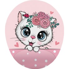 Pembe Sevimli Yavru Kedi Görselli - Bilek Destekli Oval Mouse Pad
