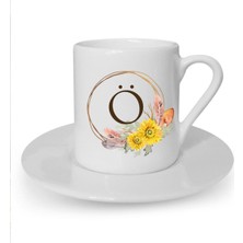 Çiçek Desenli Ö Harfi Baskılı Beyaz Türk Kahvesi Fincanı