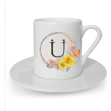Çiçek Desenli Ü Harfi Baskılı Beyaz Türk Kahvesi Fincanı