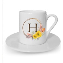 Çiçek Desenli H Harfi Baskılı Beyaz Türk Kahvesi Fincanı