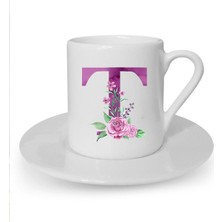 Mor Renkli T Harfi Baskılı Beyaz Türk Kahvesi Fincanı