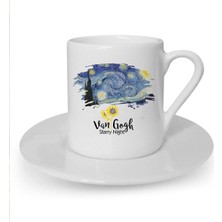Van Gogh Yıldızlı Gece Baskılı Beyaz Türk Kahvesi Fincanı