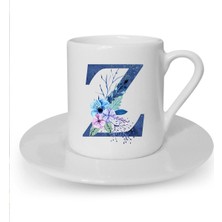 Mavi Renkli Z Harfi Baskılı Beyaz Türk Kahvesi Fincanı