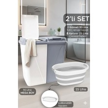 Buclee Mega Boy 90 Lt Çift Bölmeli Kirli Çamaşır Sepeti ve Katlanır Akordiyon Sepet Seti - Gri