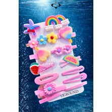 Liground Pembe Simli Silikon Kız Çocuk Saç Tokası Seti 14’lü Simli Renkli Desenli Çıtçıt, Peluş ve Figürlü Toka Çiçek