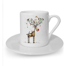 Yılbaşı Noel Temalı Sevimli Kedi Baskılı Beyaz Türk Kahvesi Fincanı