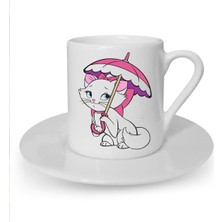 Şemsiyeli Kedi Baskılı Beyaz Türk Kahvesi Fincanı