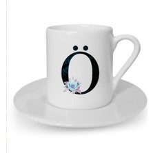 Mavi Çiçekli Ö Harfi Baskılı Beyaz Türk Kahvesi Fincanı