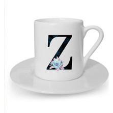 Mavi Çiçekli Z Harfi Baskılı Beyaz Türk Kahvesi Fincanı