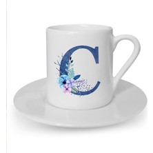 Mavi Renkli C Harfi Baskılı Beyaz Türk Kahvesi Fincanı