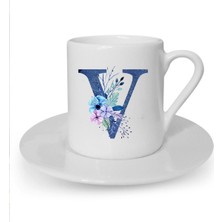 Mavi Renkli V Harfi Baskılı Beyaz Türk Kahvesi Fincanı