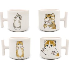 Duble Türk Kahve Fincanı & Espresso Haylaz Yaramaz Yavru Kediler 4'lü Beyaz T Kupa Seti 4 Parça