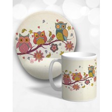 Renkli Baykuş Oval Bilek Destekli Mouse Pad ve Kupa Bardak Seti