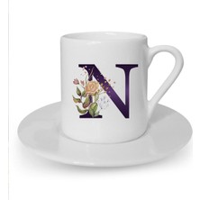 Kahverengi Gül N Harfi Baskılı Beyaz Türk Kahvesi Fincanı