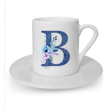 Mavi Renkli B Harfi Baskılı Beyaz Türk Kahvesi Fincanı