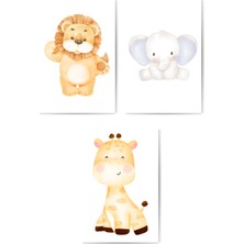 GLASSİFY 3’lü Sevimli Aslan, Fil ve Zürafa Bebek Odası/çocuk Odası Mdf Tablo Seti