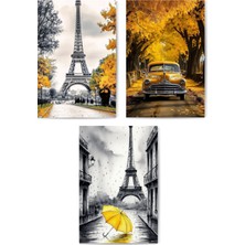 GLASSİFY 3’lü Sarı Detaylı Paris & Klasik Araba Mdf Tablo Seti