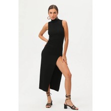 Zuzudan Kadın Siyah Boğazlı Kolsuz Yırtmaçlı Maxi Elbise