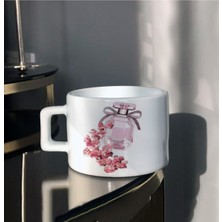Pembe Parfüm Şişesi Tasarım Baskılı Beyaz Çay Kahve Fincanı