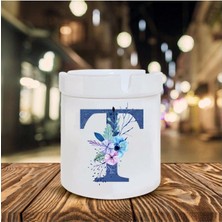 Mavi Renkli T Harfi Baskılı Seramik Şık Küllük