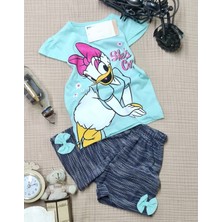 Buufuu Daisy Baskılı Simli Kısa Kollu  Fiyonklu Şortlu Kız Çocuk Takım