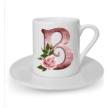 Gül Desenli B Harfi Baskılı Beyaz Türk Kahvesi Fincanı