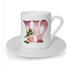 Gül Desenli W Harfi Baskılı Beyaz Türk Kahvesi Fincanı