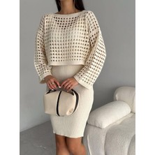 Zuzudan Triko Delikli Kazak Elbise Takım-Bej