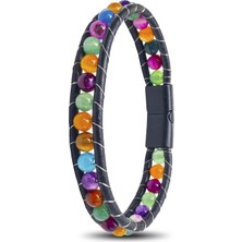 Moncuk Design 6mm Çakra Akik Taşlı Deri Kordon ve Çelik Bileklik 33512B2D6M5