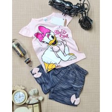 Buufuu Daisy Baskılı Simli Kısa Kollu  Fiyonklu Şortlu Kız Çocuk Takım