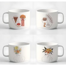 Çay Kahve Espresso Fincanı Minimal5 Çizgisel Kadın Baskılı Kupa 4 Adet 180 ml