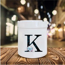 Mavi Çiçekli K Harfi Baskılı Seramik Şık Küllük