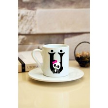 Panda Desenli Ü Harfi Baskılı Beyaz Türk Kahvesi Fincanı