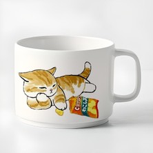 Double Türk Kahvesi Fincanı & Espresso Bıkkın Sevimli Kedi Baskılı Kupa 180 ml