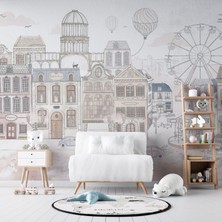 Grown Karikatüristik Şehir Manzarası Beyaz Çocuk Odası Duvar Kağıdı