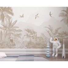 Grown Bej Safari Tropikal Zebra Çocuk Odası Duvar Kağıdı