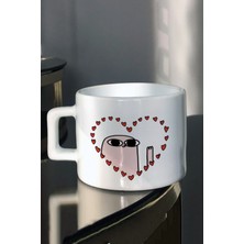 Sevgiliye Hediye Kalp Içinde Pembe Emoji Baskılı Çay Kahve Fincanı