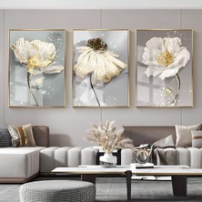 Harikabirev|beyaz-Gold Papatya Çiçek Kombini |çerçeveli Cam Tablo  3lü Dikey