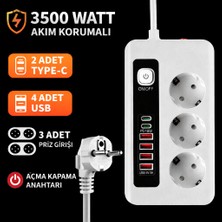 Smayling 3500W Akım Korumalı 3’lü Priz | 2 Type-C + 4 USB Girişli | Açma Kapama Anahtarlı | 2 Metre Kablolu