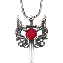 Inure Jewelry Gümüş Kırmızı Taşlı Ejderha Erkek Kılıç Kolye