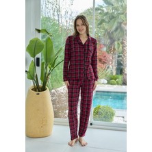 Bursa Pijama Kadın Uzun Kol Önden Düğmeli Ekose Desen Pijama Takımı